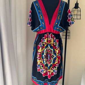 Bailey Blue Midi Multi-coloured Boho Charm Dress V Neck Mandala Pattern Small